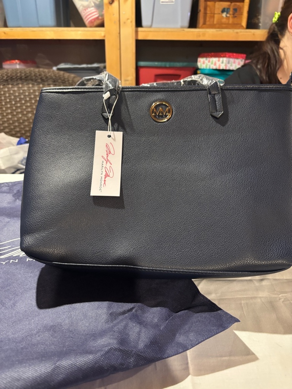 Marilyn Monroe Navy Pebbled Shoulder Tote with Gold Logo
